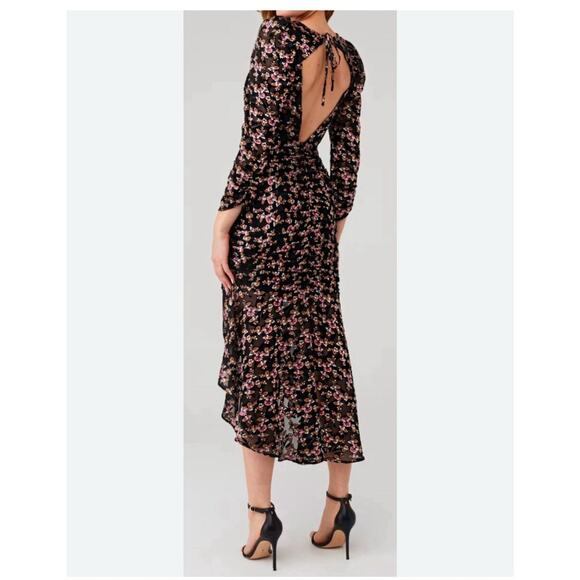 ASTR The Label Dark Floral Puff Sleeves Burntout Velvet Ruched Midi Dress Sz L - Picture 9 of 16